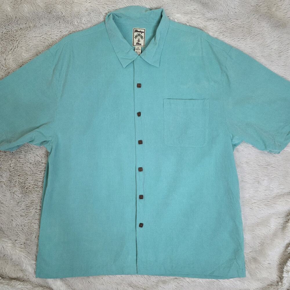 Montego Mon Mens Hawaiian Shirt Size XL 100% Silk Aqua Button Down Short Sleeve